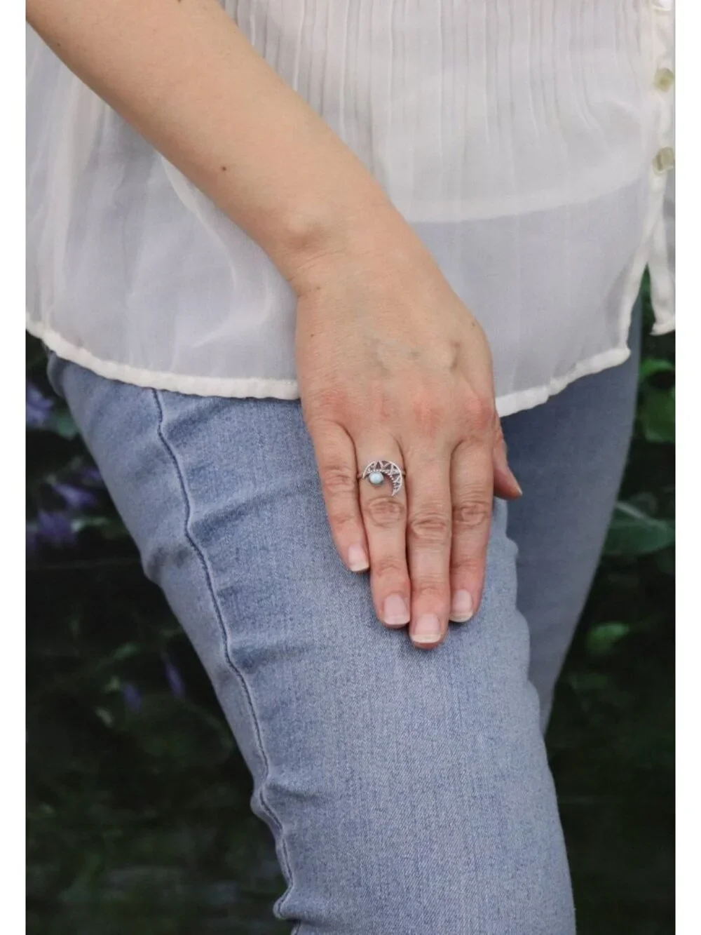 Sterling Silver Larimar Blue Dolphin Stone Crescent Moon Ring Size 6 - Picture 3 of 8